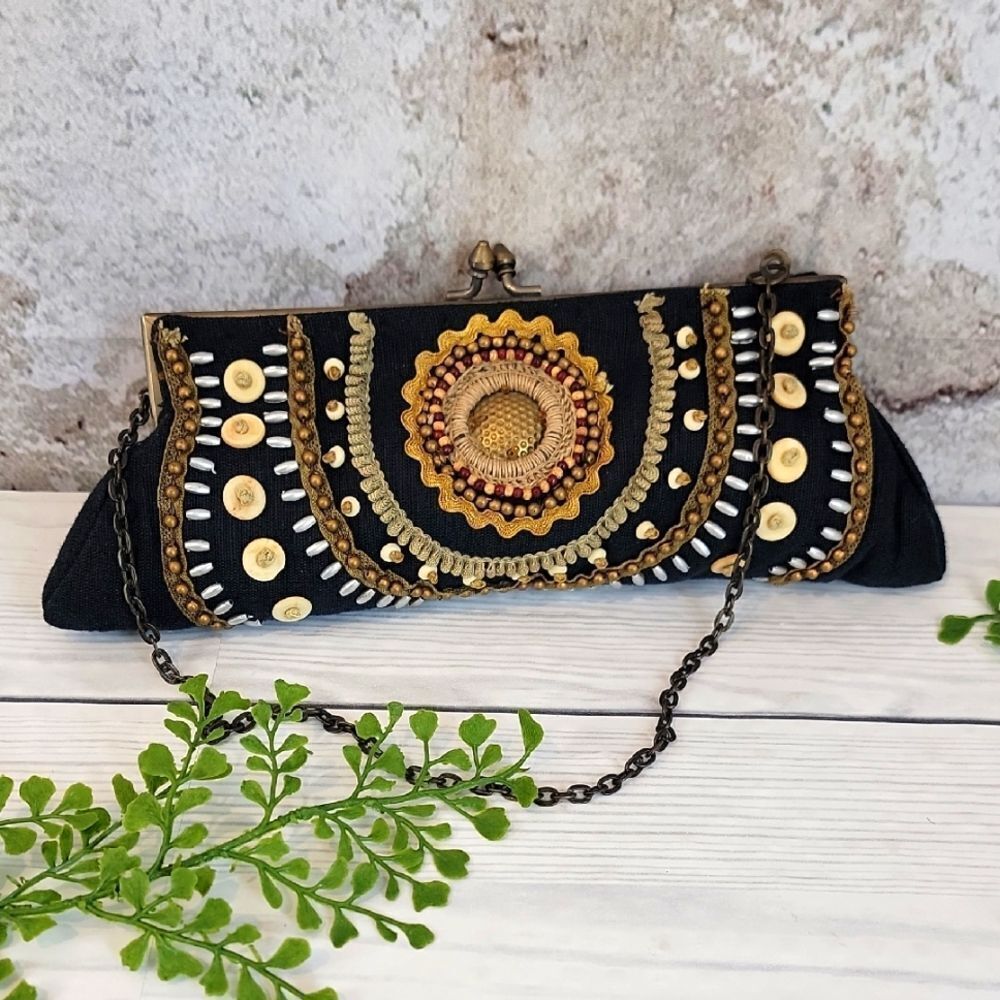 Coldwater Creek Black Beaded Boho Style Clutch Mini Handbag